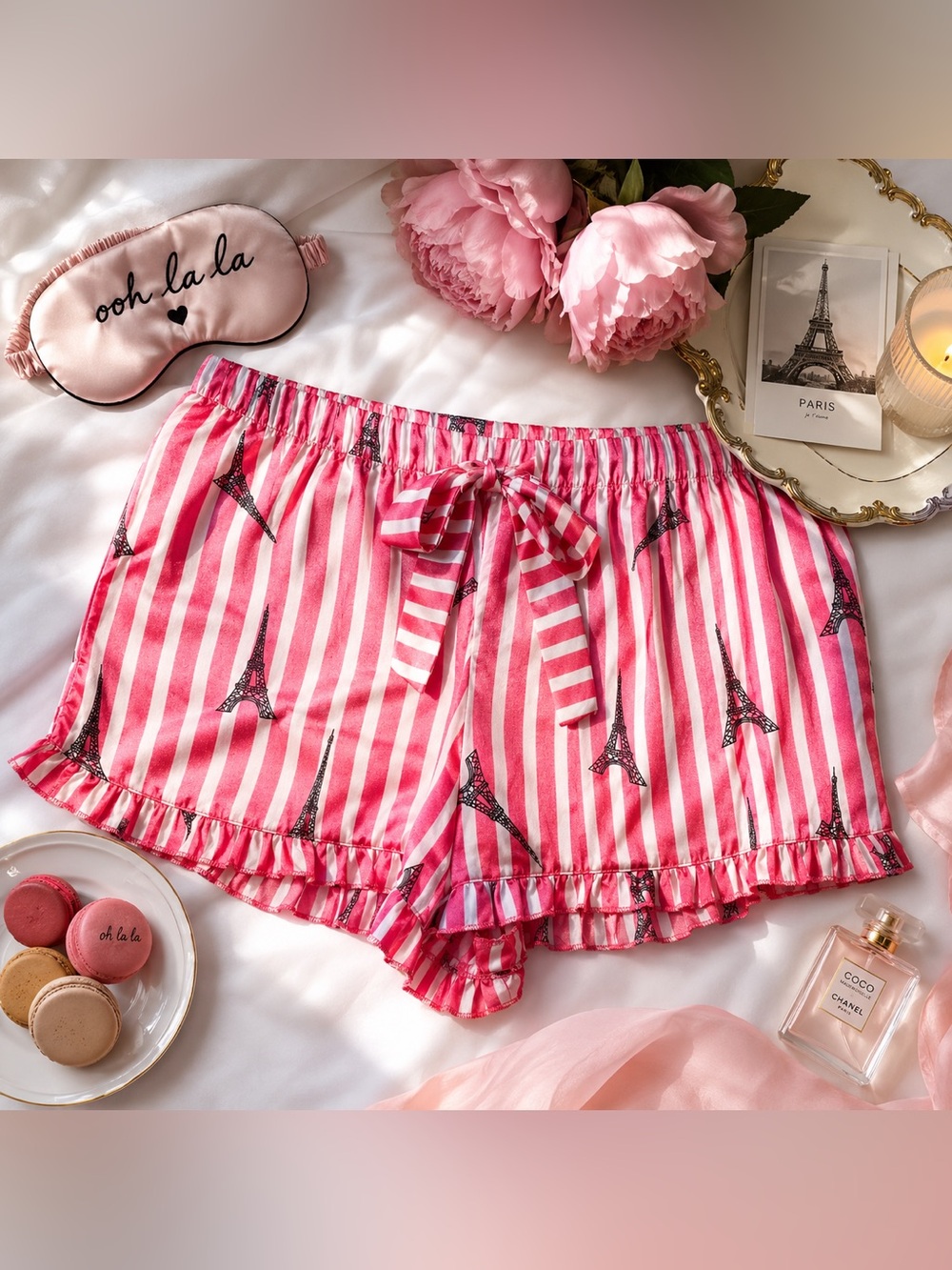 Pink & White Striped Eiffel Tower Sleep Shorts |Coquette Sleepwear | M |